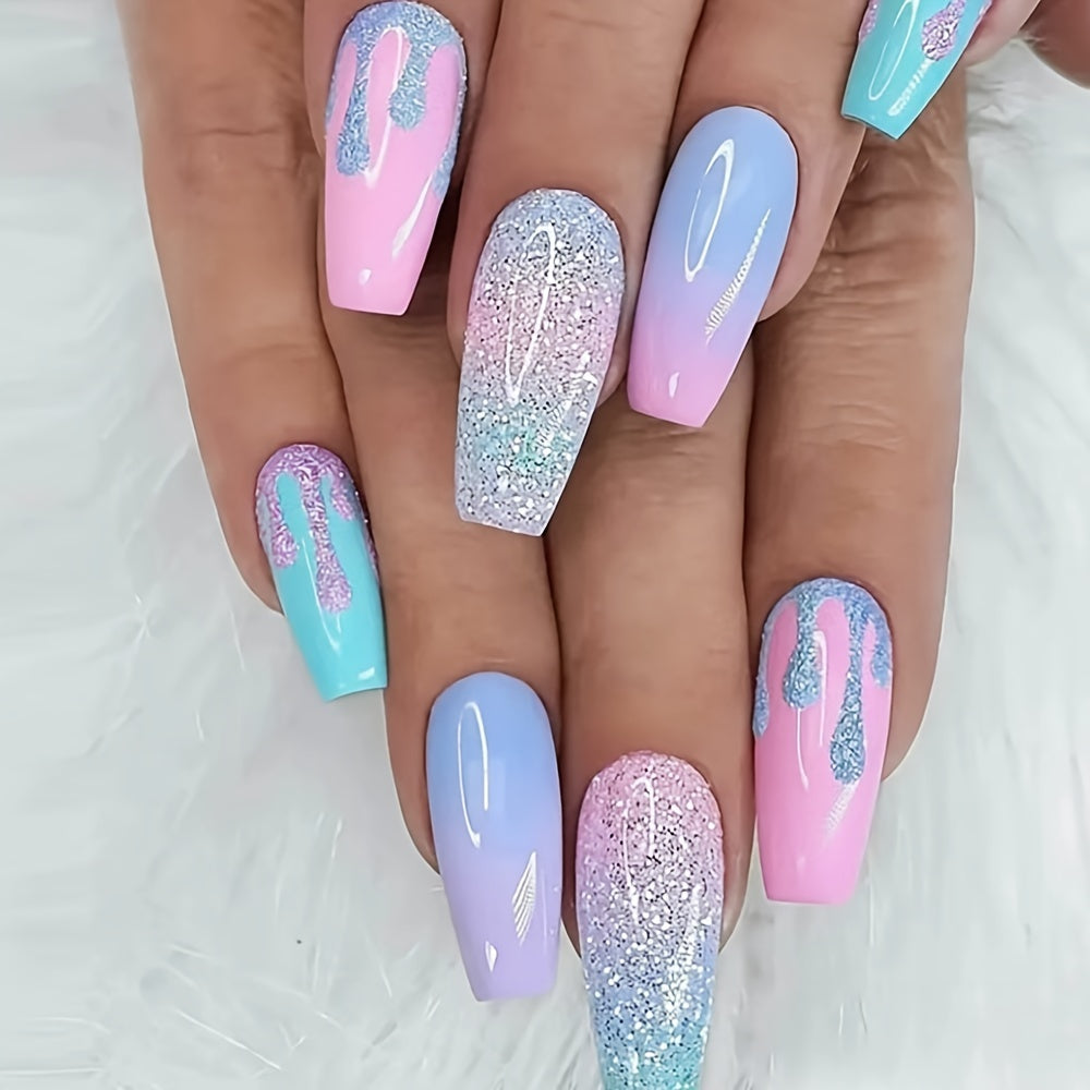 24 Pcs Medium Long Coffin Press On Nails, Pinkish Glitter Fake Nails, Glossy Artificial False Nails